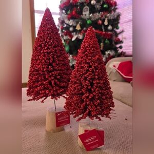 New (2) Holiday Home Bin Bottle Brush Tree Red Christmas decorations 16" & 13"